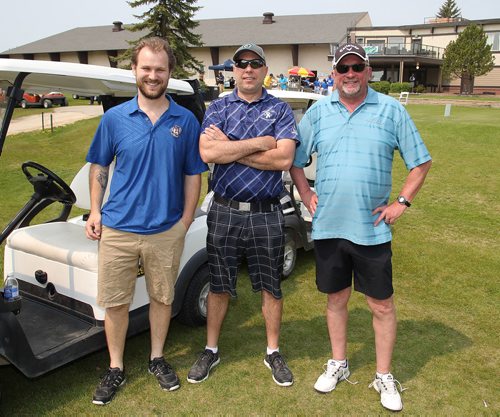 JASON HALSTEAD / WINNIPEG FREE PRESS

L-R: Matt Jarecki, James Kropodra and Stan Tymczyszyn of celebrity sponsor Ambrosie Lighting and Electrical at Marymound's third annual 100 Exclusive Golf Tournament at Rossmere Country Club on May 30, 2019. (See Social Page)