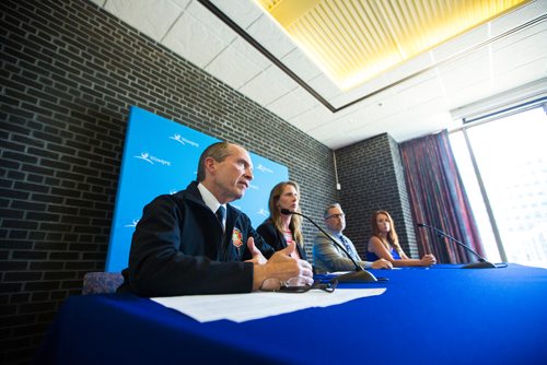 MIKAELA MACKENZIE / WINNIPEG FREE PRESS
John Lane, chief of the Winnipeg Fire Paramedic Service (left), Candace Russell Summers, deputy fire commissioner at the Office of the Fire Commissioner Building and Fire Safety, Chuck Steele, director of engineering and construction at Manitoba Hydro, and Krista Williams, chief health operations officer of the Winnipeg Regional Health Authority speak regarding the carbon monoxide incident at a Super 8 Motel at a press conference at City Hall in Winnipeg on Wednesday, July 10, 2019. Standup.
Winnipeg Free Press 2019.