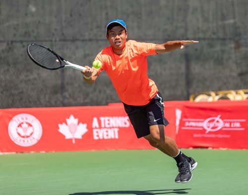 SASHA SEFTER / WINNIPEG FREE PRESS
Canadian tennis pro Jack Lin leaps for the ball during the National Bank Challenger at the Winnipeg lawn Tennis Club. 
190710 - Wednesday, July 10, 2019.