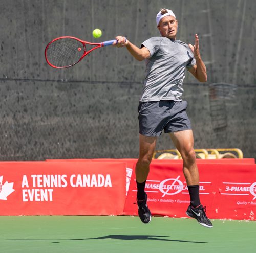 SASHA SEFTER / WINNIPEG FREE PRESS
Canadian tennis pro Peter Polanski elevates and hits a forehand shot during the National Bank Challenger at the Winnipeg lawn Tennis Club. 
190710 - Wednesday, July 10, 2019.