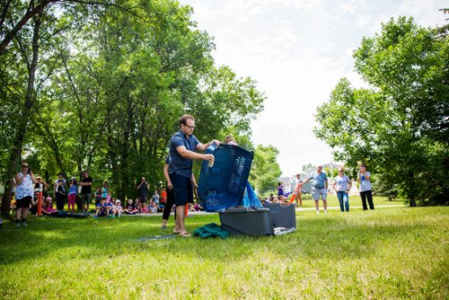 MIKAELA MACKENZIE / WINNIPEG FREE PRESS
Mayor Chris Ewen opens the crate to release a juvenile bald eagle back to nature at D'Auteuil Park in Ile-des-Chenes on Thursday, July 11, 2019. For Nick story.
Winnipeg Free Press 2019.