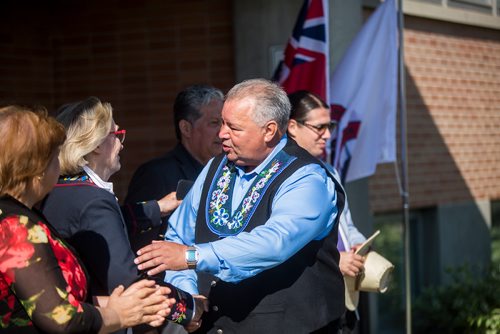 MIKAELA MACKENZIE / WINNIPEG FREE PRESS
David Chartrand, MMF president, greets Carolyn Bennet, minister of Crown Indigenous Relations and Northern Affairs Canada, after speaking at a press conference announcing federal funding for a National Metis Cultural Centre in Winnipeg on Friday, July 12, 2019.
Winnipeg Free Press 2019.