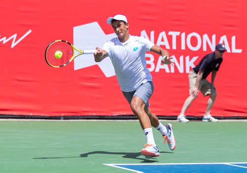 SASHA SEFTER / WINNIPEG FREE PRESS
French tennis pro Antoine Hoang hits a forehand during a match in the National Bank Challenger at the Winnipeg lawn Tennis Club. 
190712 - Friday, July 12, 2019.