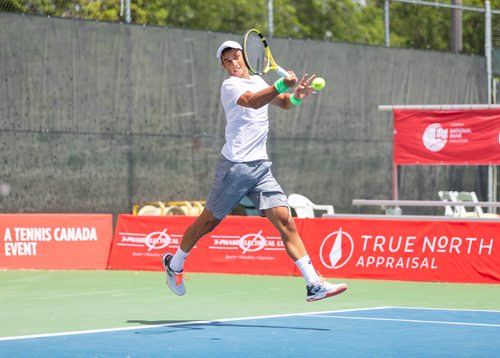 SASHA SEFTER / WINNIPEG FREE PRESS
French tennis pro Antoine Hoang leaps to hit a forehand during a match in the National Bank Challenger at the Winnipeg lawn Tennis Club. 
190712 - Friday, July 12, 2019.