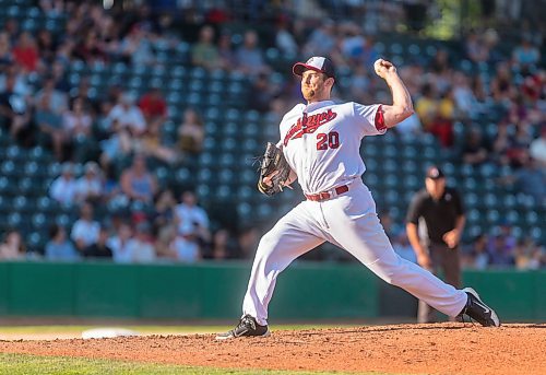 SASHA SEFTER / WINNIPEG FREE PRESS
Winnipeg Goldeyes pitcher Kevin McGovern throws a strike during the third inning of a game against the Sioux Falls Canaries at Shaw Park Thursday evening.
190718 - Thursday, July 18, 2019.