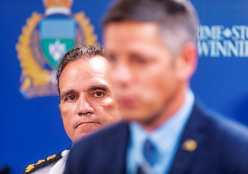SASHA SEFTER / WINNIPEG FREE PRESS
Winnipeg Police Chief Danny Smyth (left) and Mayor Brian Bowman  present the Police Service's Annual Statistical Report during a media briefing at Police Headquarters Monday morning.
190722 - Monday, July 22, 2019.