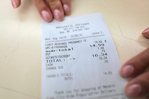 RUTH BONNEVILLE /  WINNIPEG FREE PRESS



Local - PST charges



Photo of QuickStick Pregnancy test kit with receipt showing PST amount charged for kit.  Story on how different items are charged provincial sales tax and others are not.  





Aug 14th,  2019