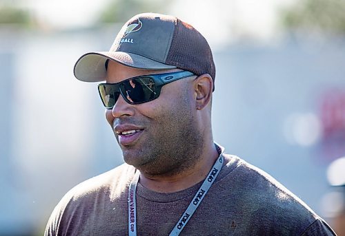 SASHA SEFTER / WINNIPEG FREE PRESS
University of Manitoba Bisons defensive coordinator and assistant head coach Stan Pierre speaks to the media after a team practice at the University of Manitoba East Turf Field Tuesday morning.
190820 - Tuesday, August 20, 2019.