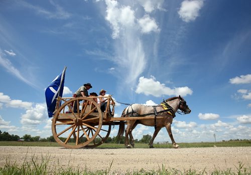 Brandon Sun 06072009 A pair of solid oak Red River carts, driven by members of the Red River Métis Heritage Group and accompanied by other members on horseback, make their way past a canola field north of Virden, Man. on their way to Harmsworth, Man. on the first day of their journey to Fort Ellice.  (Tim Smith/Brandon Sun)