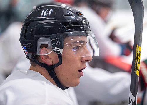 SASHA SEFTER / WINNIPEG FREE PRESS
Winnipeg ICE defensemen Carson Lambos catches his breath in-between shifts during a WHL training camp game held at the RINK Training Centre Friday morning.
190830 - Friday, August 30, 2019.