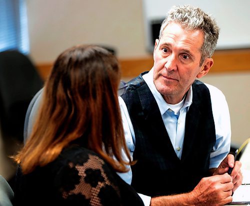 PHIL HOSSACK / WINNIPEG FREE PRESS - Brian Pallister and Heather Stefanson prep prior to taking part in a Town Hall via telephone link. See story.  See story - September 4, 2019.