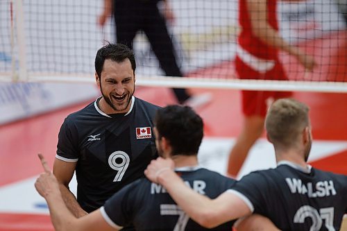 MIKE DEAL / WINNIPEG FREE PRESS
Canada's Jason Derocco (9) celebrates between points during the bronze medal match at Duckworth Centre. 
Canada defeated Mexico in straight sets (25-14, 25-18, 25-12) in the NORCECA Men's Continental Championship at the University of Winnipeg's Duckworth Centre on Saturday.
190907 - Saturday, September 07, 2019.