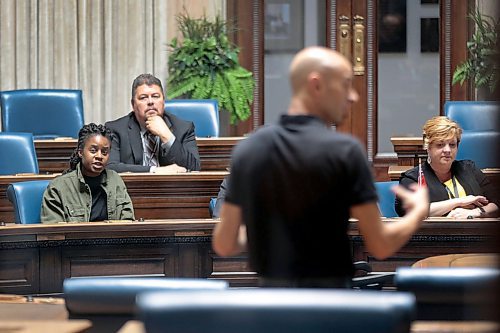PHIL HOSSACK / WINNIPEG FREE PRESS - New MLA's take part in an orientation workshop seated in the chamber of the Provincial Legislature Monday afternoon. Left to right : Uzoma Asagwara (Union Station), Ian Bushie (top, Keewatinook), Lisa Naylor (Wolseley), September 16, 2019.