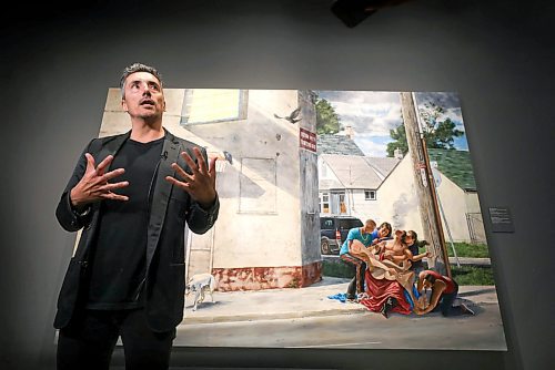 RUTH BONNEVILLE  /  WINNIPEG FREE PRESS 

ENT  - WAG

Cree artist Kent Monkman, passionately describes his works of art  on the plight of Indigenous Peoples at the opening of Shame and Prejudice: A Story of Resilience, at the Winnipeg Art Gallery on Friday. 

The art behind Monkman is called The Deposition, from the series Urban Res, 2014, (depicts a person suffering from trauma at an actual location in Winnipeg's north end), is now permanently a part of the collection of the WAG by a gift from an anonymous donor.  

See story.

Sept 27th, 2019 

