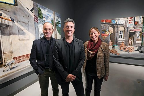 RUTH BONNEVILLE  /  WINNIPEG FREE PRESS 

ENT  - WAG

Group photo of Cree artist Kent Monkman (centre), with Dr. Stephen Borys, WAG CEO and Jaimie Isaac, curator of Contemporary & Indigenous Art, WAG, at the opening of Shame and Prejudice: A Story of Resilience, at the Winnipeg Art Gallery on Friday. 

Monkman's works of art on the plight of Indigenous Peoples, are on the walls behind. them.   

Note: The art work on the left side of photo is called The Deposition, from the series Urban Res, 2014, (depicts a person suffering from trauma at an actual location in Winnipeg's north end), is now permanently a part of the collection of the WAG by a gift from an anonymous donor.  

See story.

Sept 27th, 2019 
