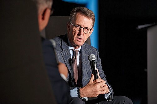 MIKE DEAL / WINNIPEG FREE PRESS
True North Sports and Entertainment's executive chairman Mark Chipman is interviewed by TSN's Dennis Beyak during a Winnipeg Chamber of Commerce luncheon at the RBC Convention Centre, Friday afternoon.
190927 - Friday, September 27, 2019.