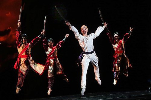 PHIL HOSSACK / WINNIPEG FREE PRESS -  Soloist Tristan Dobrowney as Prince Solor (in white) leads Members of the Royal Winnipeg Ballet perform the opening night performance of 'La Bayadère Wednesday evening at the Concert Hall.  - October 2, 2019.