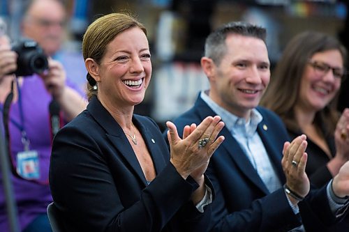 MIKAELA MACKENZIE / WINNIPEG FREE PRESS
Sarah McLachlan, grammy and juno award-winning Canadian artist, applauds after Jace Bodner and Maggie James, from the Just TV program in West Broadway, sing at an event launching the musical instrument lending library program at the Millennium Library in Winnipeg on Friday, Oct. 4, 2019. For Carol Sanders story.
Winnipeg Free Press 2019.