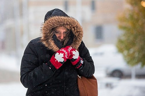 MIKAELA MACKENZIE / WINNIPEG FREE PRESS
Saundra Lubky battles the wind and snow in the East Exchange in Winnipeg on Friday, Oct. 11, 2019. Standup.
Winnipeg Free Press 2019.