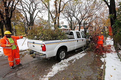 JOHN WOODS / WINNIPEG FREE PRESS
City crew cleans up some tree branches after a snow storm Thursday and Friday in Winnipeg Sunday, October 13, 2019. Parts of Manitoba were hit with an early winter storm which caused a lot of damage to trees and hydro supply.

Reporter: Ben