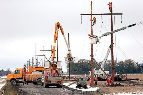 PHIL HOSSACK / WINNIPEG FREE PRESS - Hydro crews from Manitoba and Saskatchewan work on downed lines after replacing shattered poles north of Portage la Prairie Tuesday . Kevin Roll-on's story.  - October 15, 2019.