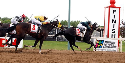 BORIS MINKEVICH / WINNIPEG FREE PRESS  090803 Horse #5 Smuggler's Hold with jockey Aldolfo Morales win the Manitoba Lotteries Derby.
