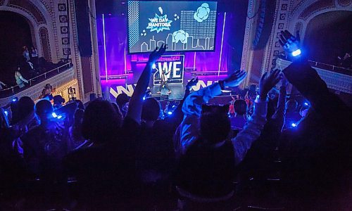 MIKE DEAL / WINNIPEG FREE PRESS
Dready a member of the Celebrity Marauders hypes up the crowd of students from schools across Manitoba during the WE Day event being held at the Burton Cummings Theatre on Wednesday.
191030 - Wednesday, October 30, 2019.