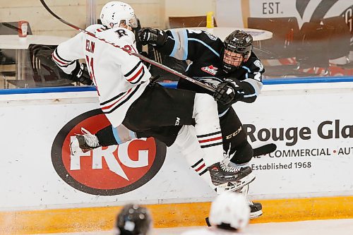 JOHN WOODS / WINNIPEG FREE PRESS
Winnipeg Ice Karter Prosofsky checks Red Deer Rebels Dallon Melin (21) in second period WHL action at the University of Manitoba Wednesday, November 6, 2019.

Reporter: Mike