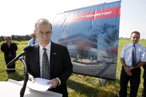 MIKE.DEAL@FREEPRESS.MB.CA 0900811 Bill Davidson, from Canada Post, announced the location of a new mail sorting depot that will serve the southwest area of Winnipeg. See Carolin Vesley story. WINNIPEG FREE PRESS