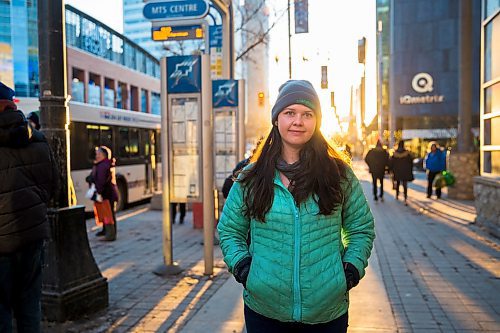 MIKAELA MACKENZIE / WINNIPEG FREE PRESS

Nicole Roach, sustainable transportation coordinator with the Green Action Centre, poses for a portrait at a busy bus stop at 303 Portage in Winnipeg on Thursday, Nov. 14, 2019. For Carol Sanders story.
Winnipeg Free Press 2019.