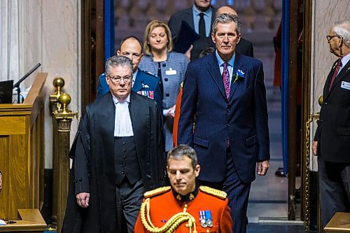 MIKAELA MACKENZIE / WINNIPEG FREE PRESS

Chief Justice Richard Chartier (left) and premier Brian Pallister in the procession into the chamber before the speech from the throne at the Manitoba Legislative Building in Winnipeg on Tuesday, Nov. 19, 2019. 
Winnipeg Free Press 2019.