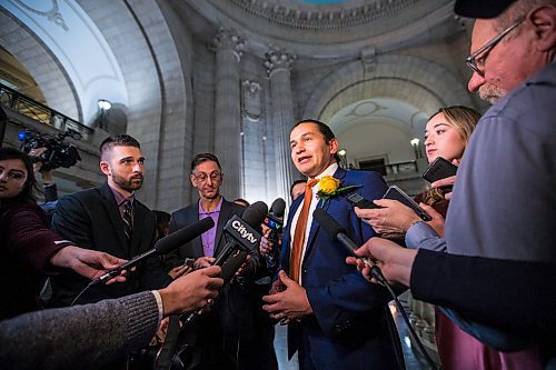 MIKAELA MACKENZIE / WINNIPEG FREE PRESS

Opposition leader Wab Kinew speaks to the media after the speech from the throne at the Manitoba Legislative Building in Winnipeg on Tuesday, Nov. 19, 2019. 
Winnipeg Free Press 2019.