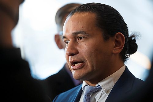 MIKE DEAL / WINNIPEG FREE PRESS
NDP Opposition Leader Wab Kinew speaks to the media at the RBC Convention Centre after The Winnipeg Chamber of Commerce State of the Province luncheon on Thursday.
191212 - Thursday, December 12, 2019.