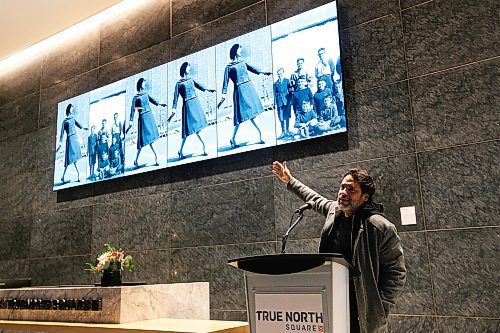 JOHN WOODS / WINNIPEG FREE PRESS
True North unveiled a digital art piece by Colombian artist David Medina as he speaks in the lobby of their new building in Winnipeg Thursday, December 12, 2019. 

Reporter: Martin