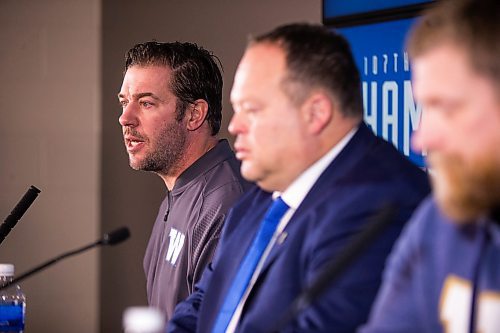 MIKAELA MACKENZIE / WINNIPEG FREE PRESS

General manager Kyle Walters (left), president and CEO Wade Miller, and head coach Mike OShea speak to the media at IG Field in Winnipeg on Friday, Dec. 13, 2019. For Taylor Allen/Jeff Hamilton story.
Winnipeg Free Press 2019.