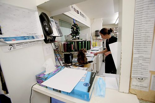 SHANNON VANRAES / WINNIPEG FREE PRESS
Veterinary assistant Anika Toews reads paper work with the assistance of a resident support cat at the Winnipeg Animal Emergency Hospital on December 14, 2019.