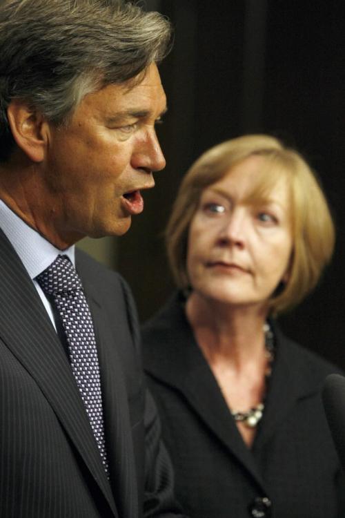 MIKE.DEAL@FREEPRESS.MB.CA 090827 Premier of Manitoba Gary Doer with his wife Ginny Devine at his side announces his retirement from politics at a press conference at the Manitoba Legislature. He did not announce the date he will be stepping down, though indicated that it would likely be at the beginning of October.  WINNIPEG FREE PRESS