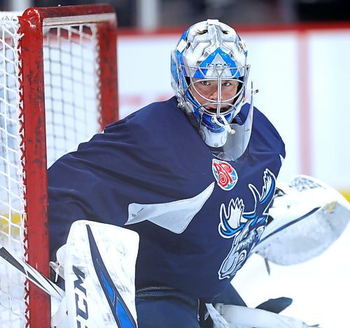 RUTH BONNEVILLE  /  WINNIPEG FREE PRESS 

Sports - Moose Practice

Manitoba Moose goalie,#1 
 Eric Comrie, practices with team at BellMTS Centre Monday morning. 




Dec 30th,   2019