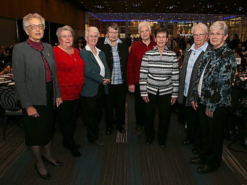 JASON HALSTEAD / WINNIPEG FREE PRESS

L-R: Sisters of the Holy Names of Jesus and Mary, Susan Wikeem, Carmen Catellier, Marylyn Gibney, Vera Hoelscher, Alice Konefall, Leonne Dumesnil, Lorraine St. Hilaire and Edith Grenier at the annual House of Peace Welcome Home Dinner on Nov. 12, 2019 at the RBC Convention Centre Winnipeg. (See Social Page)