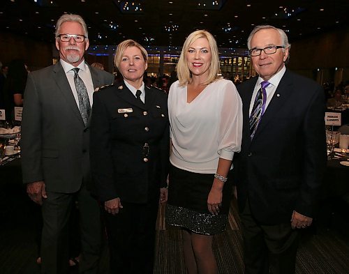 JASON HALSTEAD / WINNIPEG FREE PRESS

L-R: Mike Pilcher, Winnipeg Police Service Superintendent Elizabeth Pilcher (the event's keynote speaker), WPS Chief Danny Smyth, Rochelle Squires (Manitoba Minister of Municipal Affairs) and former premier Gary Filmon at the annual House of Peace Welcome Home Dinner on Nov. 12, 2019 at the RBC Convention Centre Winnipeg. (See Social Page)