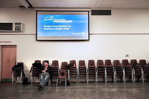 JOHN WOODS / WINNIPEG FREE PRESS
A man listens in as Manitoba minister of finance Scott Fielding talks at a pre-budget town hall at Sturgeon Heights Community Centre in Winnipeg Tuesday, January 7, 2020. 

Reporter: Rollason