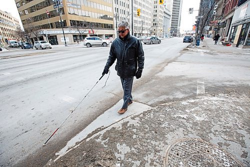 MIKE DEAL / WINNIPEG FREE PRESS
City Councillor, Mynarski Ward, Ross Eadie, says that he is worried that people with disabilities like his will not be as lucky as he was when he was walking along Main Street at Bannatyne and ended up unknowingly off the sidewalk and in southbound traffic Wednesday morning.
200108 - Wednesday, January 08, 2020.