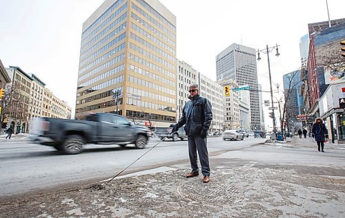 MIKE DEAL / WINNIPEG FREE PRESS
City Councillor, Mynarski Ward, Ross Eadie, says that he is worried that people with disabilities like his will not be as lucky as he was when he was walking along Main Street at Bannatyne and ended up unknowingly off the sidewalk and in southbound traffic Wednesday morning.
200108 - Wednesday, January 08, 2020.