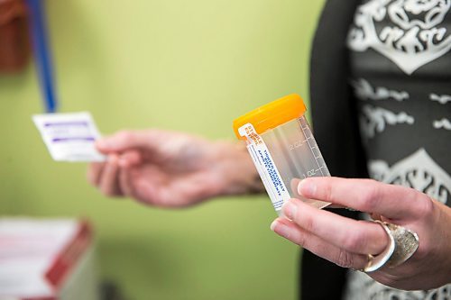 MIKAELA MACKENZIE / WINNIPEG FREE PRESS

Marilee Kyle, manager of laboratory health services at Dynacare, shows the urine sample supplies during a tour of the new Dynacare supersite location on Sterling Lyon Parkway in Winnipeg on Friday, Jan. 10, 2020. For Maggie Macintosh story.
Winnipeg Free Press 2019.