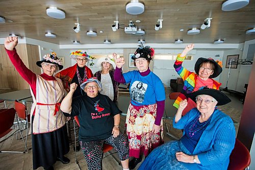 MIKAELA MACKENZIE / WINNIPEG FREE PRESS

The Raging Grannies Adina Lyon (standing left-right), Christa Froese, Shirley Miles, Lois Masur, Debby Lake, Leube Franko (seated left-right), and Helen Smiley pose for a group portrait before a meeting at the Old Grace Housing Co-op in Winnipeg on Monday, Jan. 13, 2020. For Brenda Suderman story.
Winnipeg Free Press 2019.