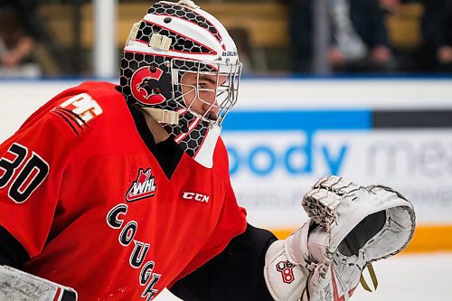 Daniel Crump / Winnipeg Free Press. Prince George Cougars goalie Tyler Brennan (30) readies himself before a face-off, Winnipeg. January 14, 2020.