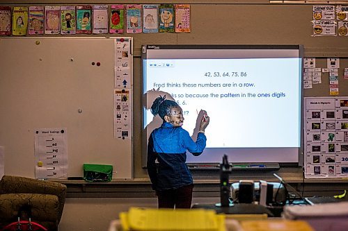 MIKAELA MACKENZIE / WINNIPEG FREE PRESS

Penina Bahati writes on the board in a grade 2/3 math class at Victoria Albert School in Winnipeg on Wednesday, Jan. 15, 2020. For Sol Israel story.
Winnipeg Free Press 2019.