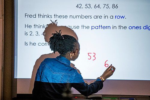 MIKAELA MACKENZIE / WINNIPEG FREE PRESS

Penina Bahati writes on the board in a grade 2/3 math class at Victoria Albert School in Winnipeg on Wednesday, Jan. 15, 2020. For Sol Israel story.
Winnipeg Free Press 2019.