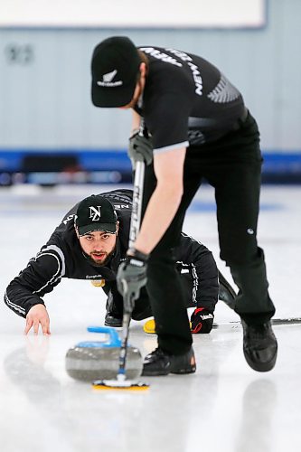 JOHN WOODS / WINNIPEG FREE PRESS
New Zealand curlers, from left, Brett Sargon, skip, and Benjamin Frew, second, along with their teammate Garion Long, third, curl in the Manitoba Open Bonspiel  in Winnipeg Thursday, January 16, 2020. The curlers are spending the winter in Morris, Manitoba training with Lorne Hamblin.

Reporter: Taylor Allen