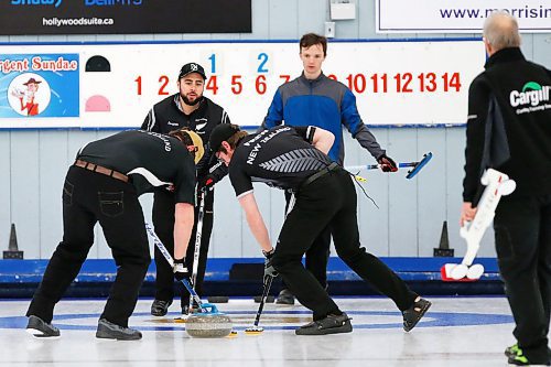 JOHN WOODS / WINNIPEG FREE PRESS
New Zealand curlers, from left, Garion Long, third, Brett Sargon, skip, and Benjamin Frew, second, play in the Manitoba Open Bonspiel  in Winnipeg Thursday, January 16, 2020. The curlers are spending the winter in Morris, Manitoba training with Lorne Hamblin.

Reporter: Taylor Allen